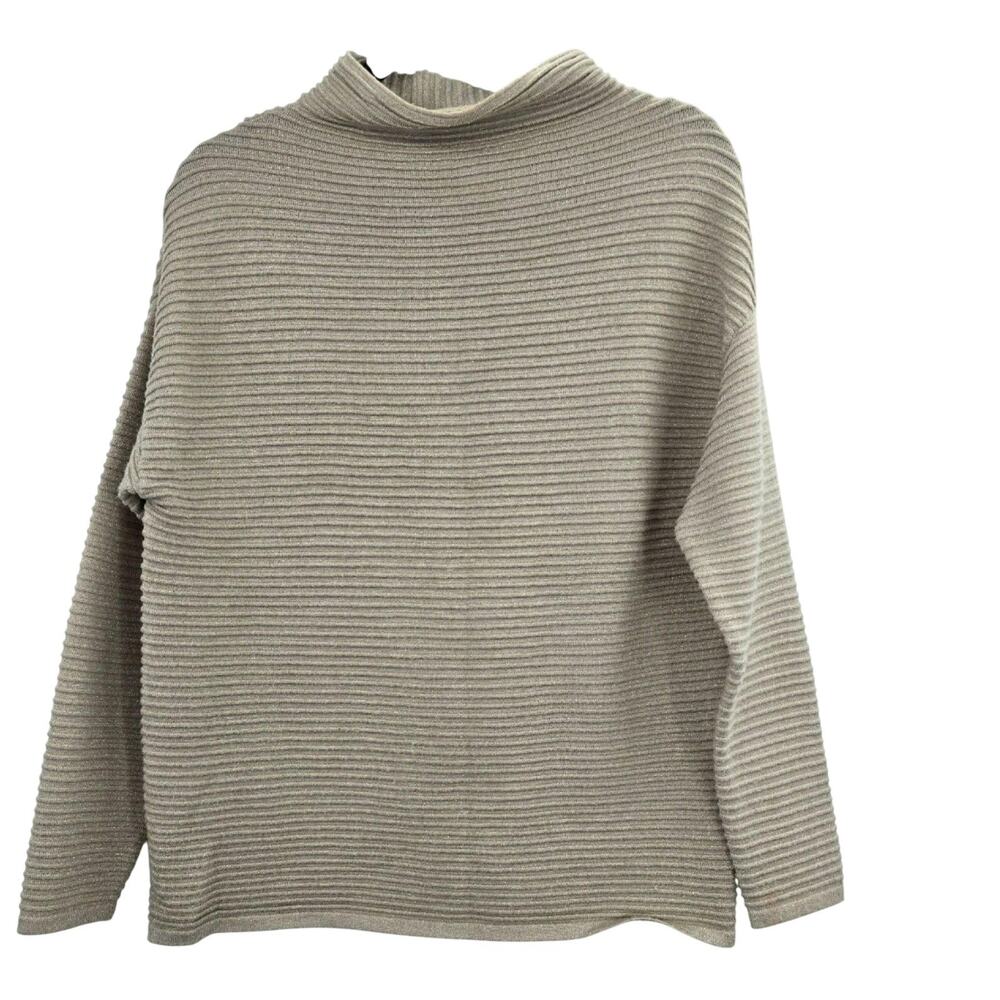 Tahari Sweater Women Small Beige Metallic Ribbed Mock Neck Knit Cozy Soft Funnel